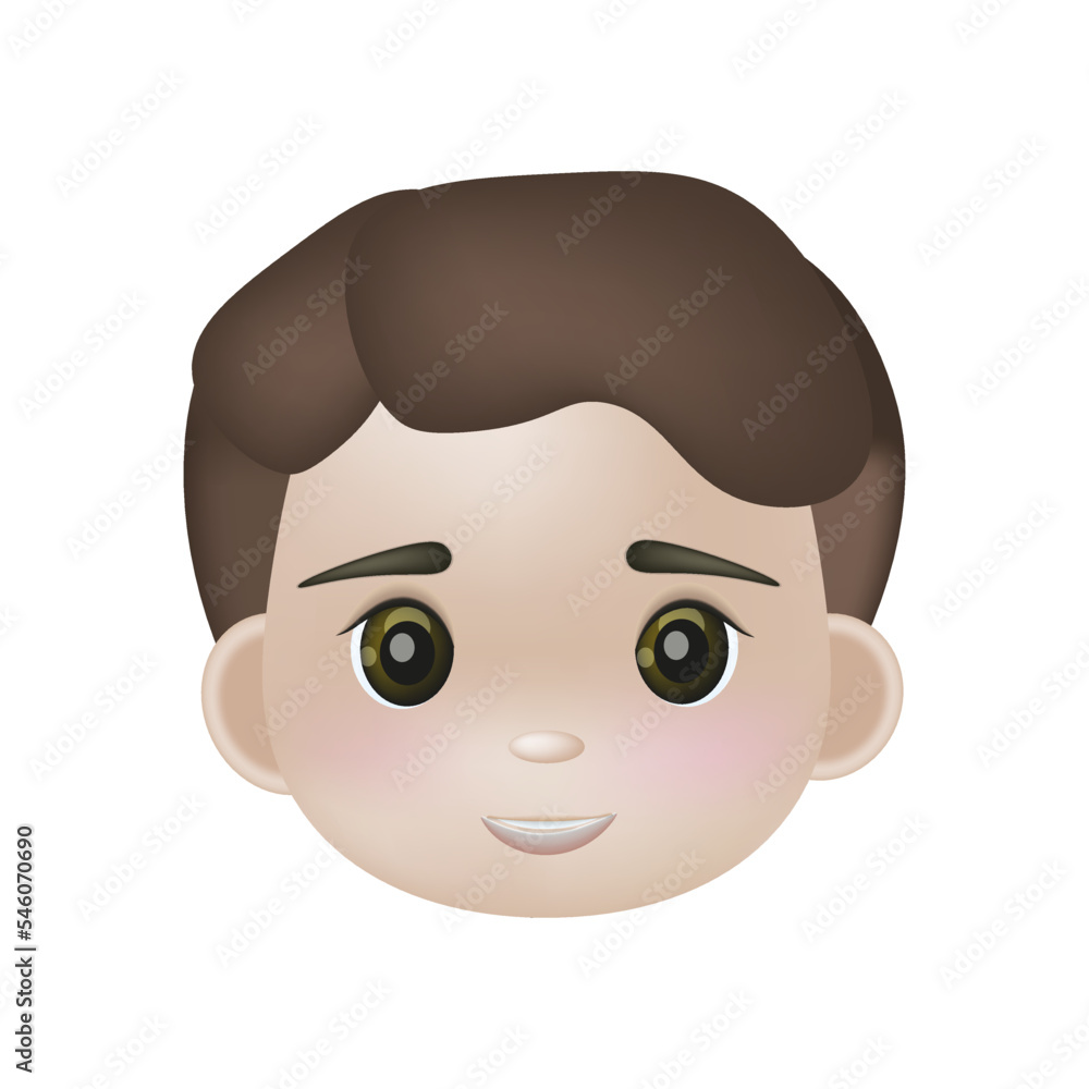 Vector 3d illustration, the head of a boy with brown hair, dark eyes. Avatar, icon for the application. Kawaii smiling cartoon character. Suitable for children's products, books. Vector 3d illustration, the head of a boy with brown hair, dark eyes. Avatar, icon for the application. Kawaii smiling cartoon character. Suitable for children's products, books.
