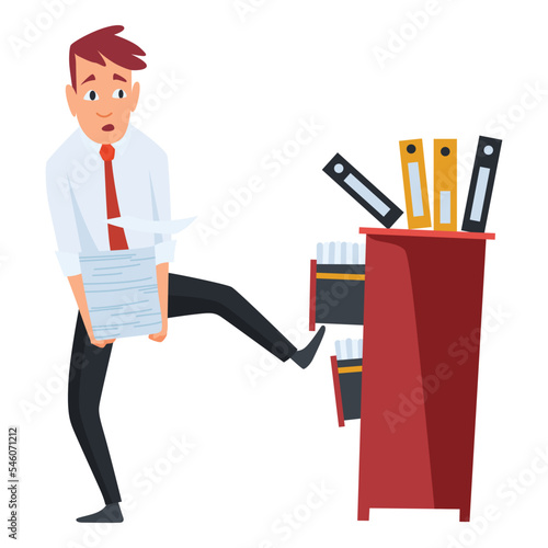 Office paperwork. Office worker with stack of documents. Concept man of office work with stress and overworking. Bureaucracy and overwork