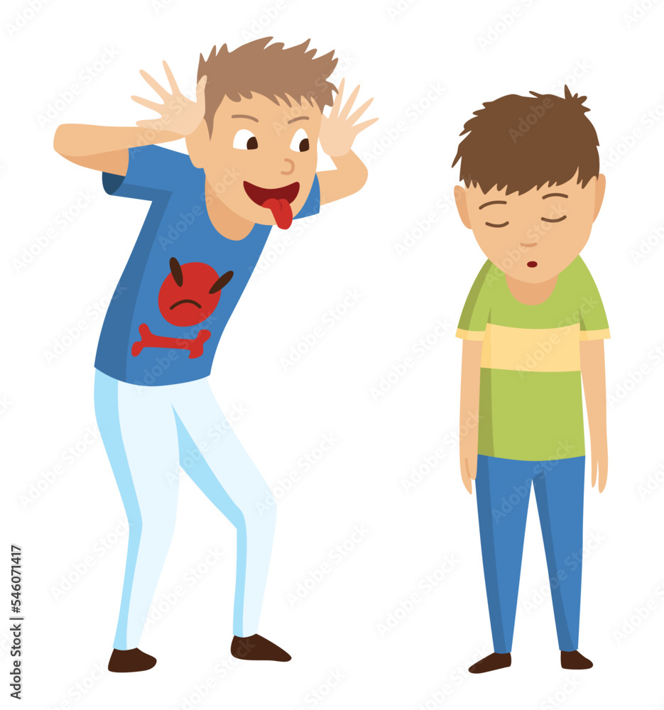 Kids bullying. Childish bullies or verbal and physical conflict between children. Bad child behavior, scared and strong angry children conflict, cartoon characters confrontation