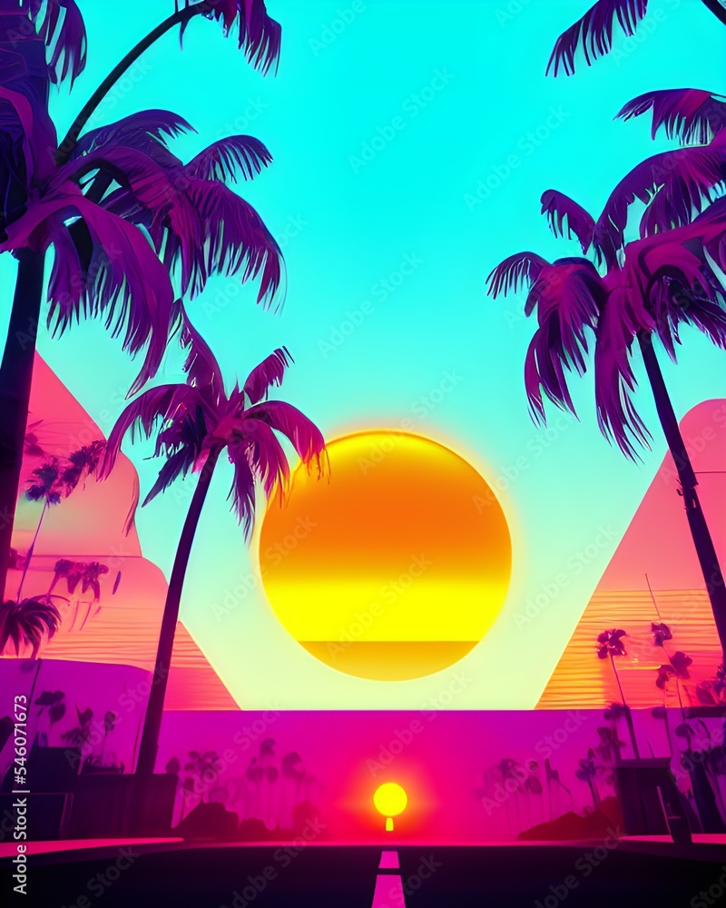  sun in the sky and palm trees, digital game art, visually stunning