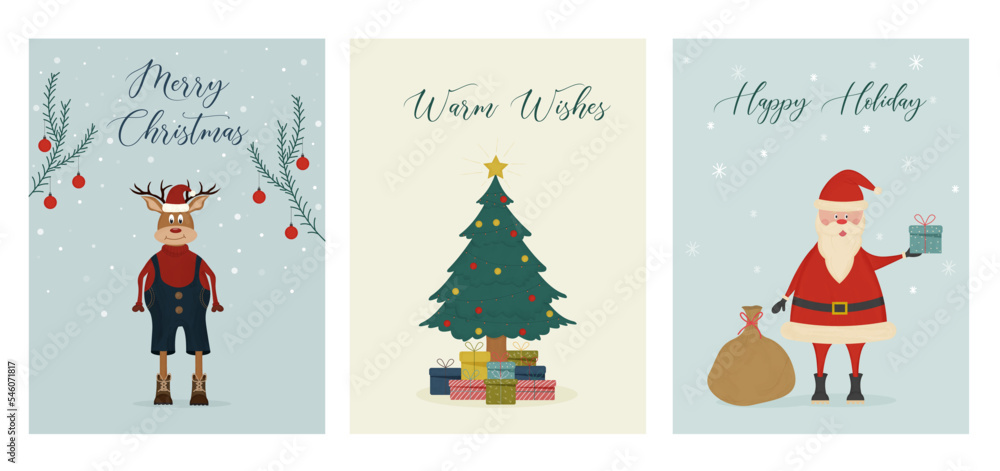 Set of Christmas, New Year, and winter holidays cards with watercolor texture.