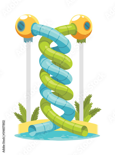 Waterpark water slide with colored plastic screw slide. Aquapark and swimming pool equipment, recreation or amusement park, fun graphic design elements. Summer attraction