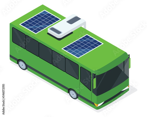 Isometric electric eco transport. City public bus, vehicle charging station with solar panels, flat vector illustration. Powered by electricity