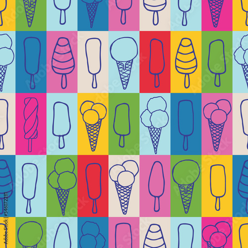 Vector seamless repeat pattern, Hand drawn ice cream cones and popsicles on colorful checkered background. Great for packaging and textile, birthday wrapping