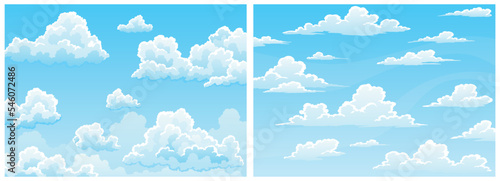 Cloudscape sky cartoon background set . Light blue daytime sky with white fluffy clouds. Heaven with bright weather, summer season outdoor scene. Vector illustration