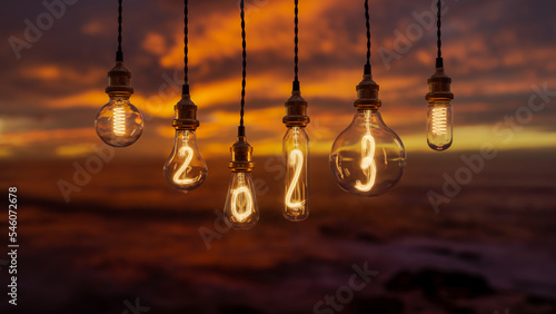 Light bulb New Year background. Edison light bulb. 2023 year.