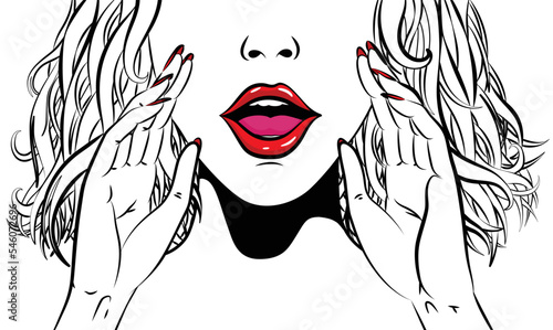 Comic book girl in coloring style. Pop art female face with open mouth. Young woman with speech bubble. Vector illustration in pop art retro style. Party invitation poster