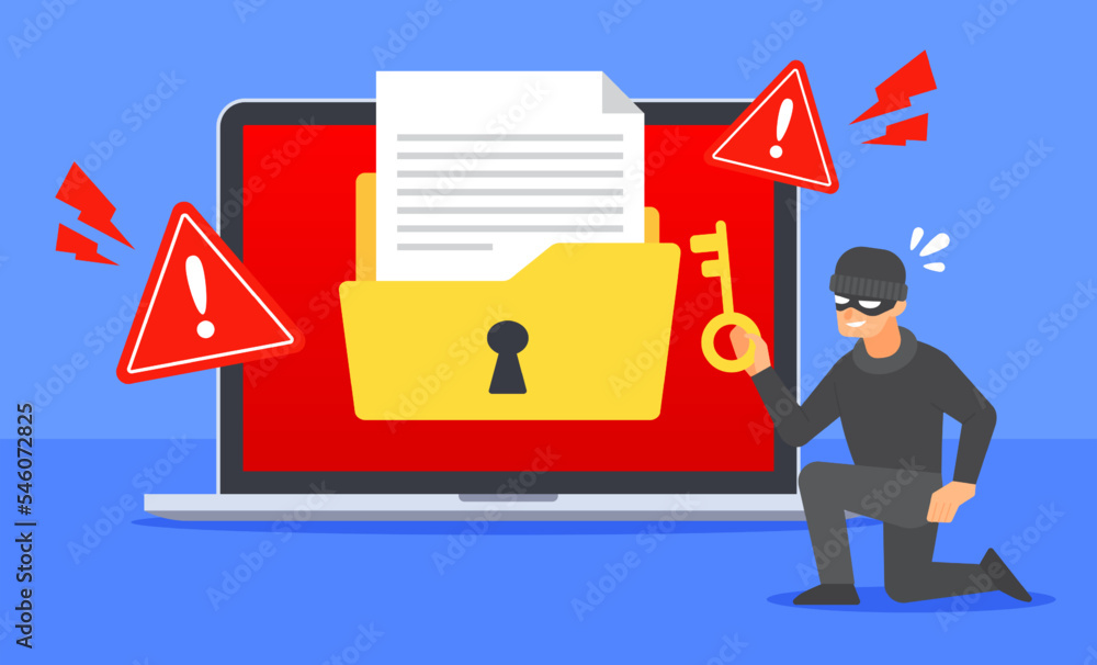 Hacker use key to unlock locked document folder on laptop. System warning alert to cyber threat or cybercrime concept. Data breach or file hacking. Flat cartoon vector icon. Technology illustration. Hacker use key to unlock locked document folder on laptop. System warning alert to cyber threat or cybercrime concept. Data breach or file hacking. Flat cartoon vector icon. Technology illustration.