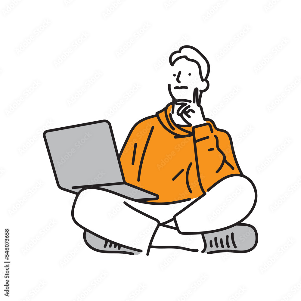Young smiling man student studying homework using laptop computer line art. Young smiling man student studying homework using laptop computer line art.