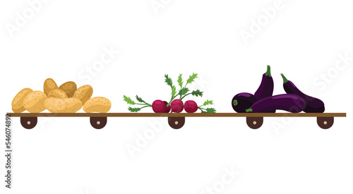 Shelf with vegetables. Assorted fresh vegetables. Farmers marker, grocery store, zero waste shop. Local market food, fresh and organic farm products. Delicious and healthy food on wooden shelf