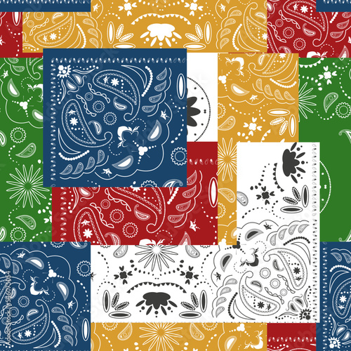 colorful bandana kerchief paisley fabric patchwork. abstract vector seamless pattern