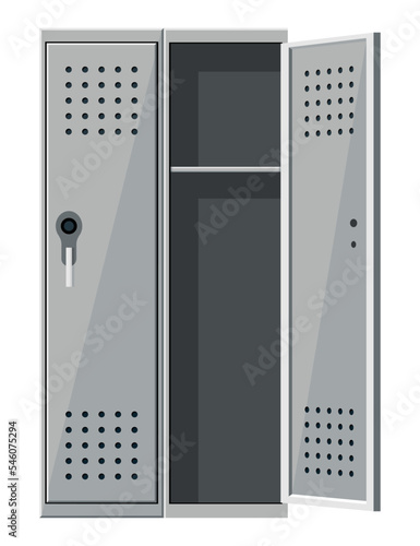 Metal cabinets locker or school changing room steel cupboard. Isolated grey storage boxe with open and closed doors, locks and shelve and vents