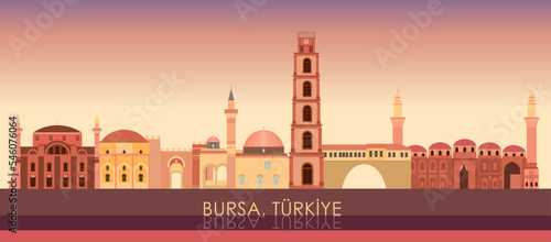 Sunset Skyline panorama of city of Bursa, Turkiye - vector illustration