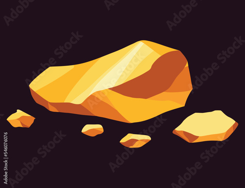 Gold mine nuggets. Precious ore mining object. Golden game UI stone kit, cartoon treasure amber rock isolated on black. Vector icon of polygon boulder, yellow metal