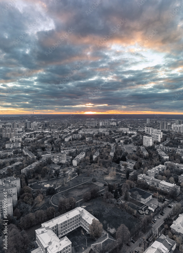 Aerial Kharkiv city evening, autumn high cityscape