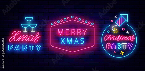 Christmas party neon signboards set. Merry xmas design.. Circle frame with petard. Retro border. Vector illustration