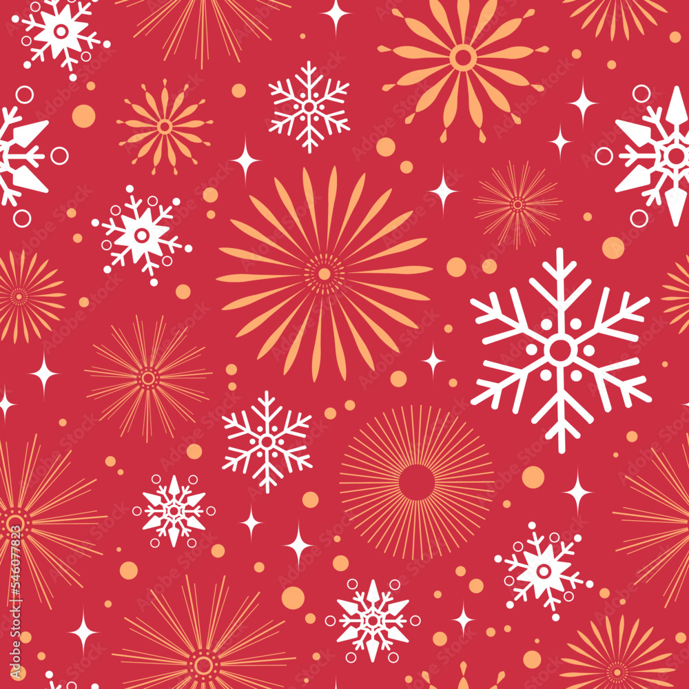 Vector abstract seamless pattern. Christmas and New Year. Snowflakes, fireworks and decorations. Red, gold and white color. Element for design and decor. Vector abstract seamless pattern. Christmas and New Year. Snowflakes, fireworks and decorations. Red, gold and white color. Element for design and decor.