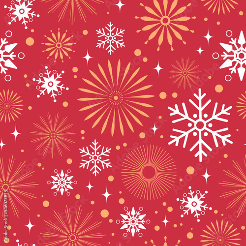 Vector abstract seamless pattern. Christmas and New Year. Snowflakes, fireworks and decorations. Red, gold and white color. Element for design and decor.