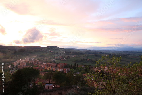 Landscape around San Gimignano at sunset, Tuscany Italy