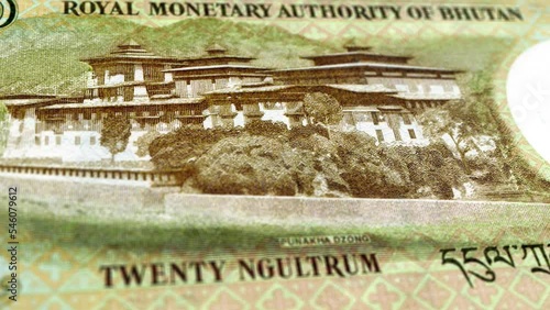 Bhutan Bhutanese Ngultrum 20 Banknotes, Twenty Bhutanese Ngultrum, Close-up and macro view of the Bhutanese Ngultrum, Tracking and Dolly Shots 20 Bhutanese Ngultrum banknote Observe and Reserve Side photo