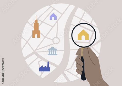 Urban study lab, a city grid under the magnifying glass lens