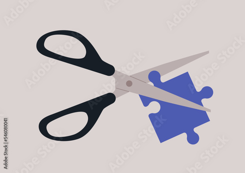 A cheating way to assemble a puzzle by trimming a piece with scissors, trying to fit in