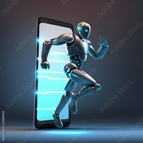 AI cyborg robot running on smartphone. 3d illustration