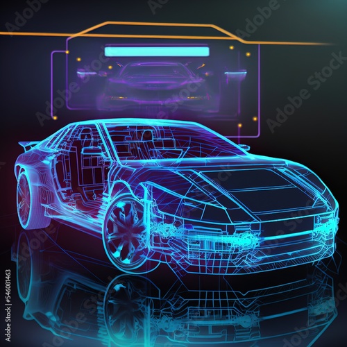 Futuristic service, scanning and automatic data analysis. Car development. A hologram of a Car in the HUD UI style. 3d illustration