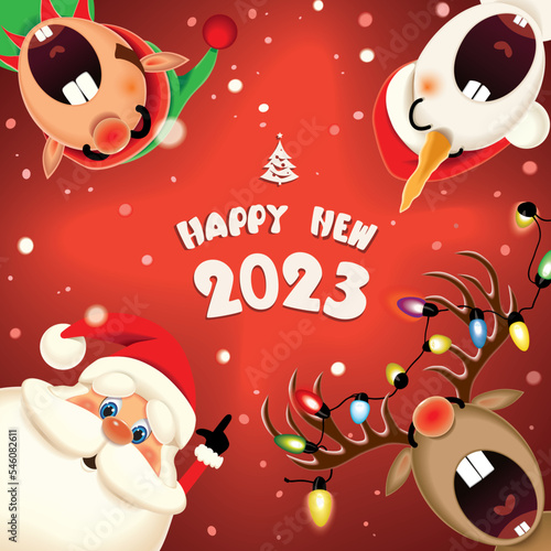 Santa Claus,Snowman,Elf and decorated Reindeer with luminous electric garland singing Christmas carol in the winter snow scene,text Happy New 2023