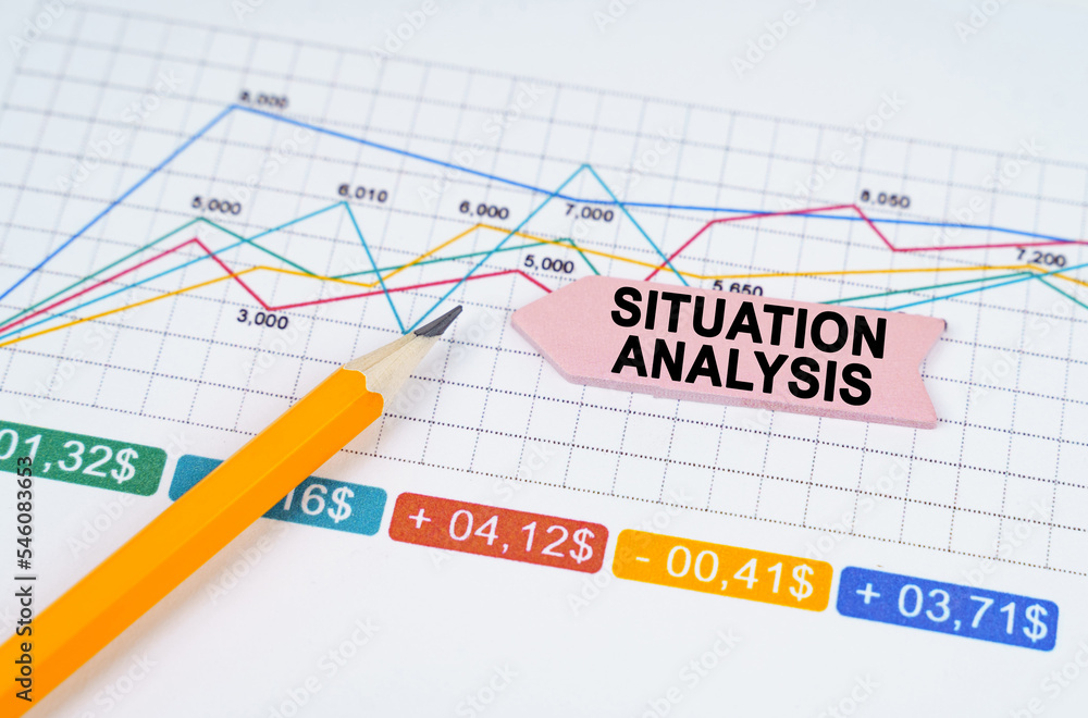 On business charts there is a pencil and an arrow sticker with the inscription - Situation Analysis On business charts there is a pencil and an arrow sticker with the inscription - Situation Analysis