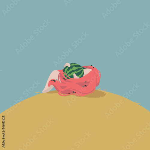 A child with a watermelon. The symbol of Kherson. Ukrainian vector illustration. Girl with red hair. Embrace. Berry in the field. The girl is lying in a meadow.