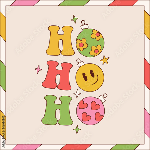 Ho ho ho - Merry Christmas retro 1970s groovy typography greeting card. Santa Claus message and holiday quote. Vector linear illustration with hippie style xmas tree balls, baubles.