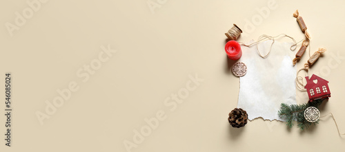 Composition with blank letter to Santa and Christmas decor on light background with space for text