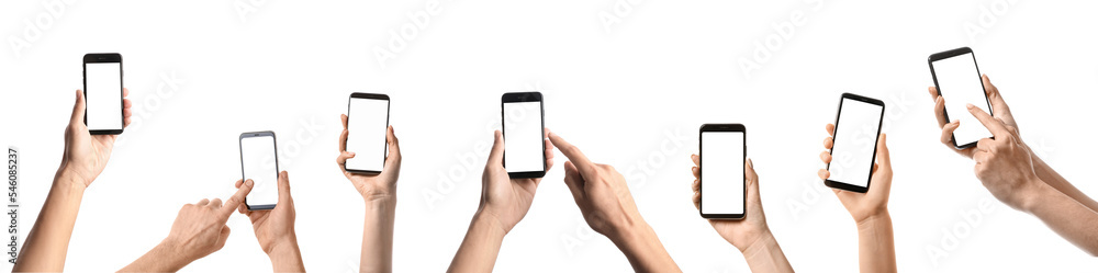 Group of hands holding mobile phones with blank screens on white background Group of hands holding mobile phones with blank screens on white background