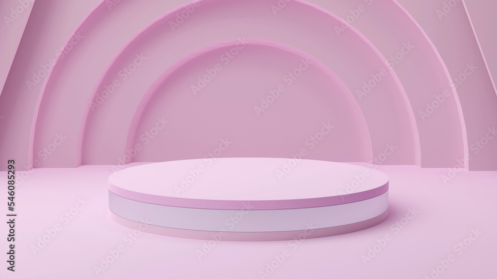 Obraz premium Pink pastel pedestal of platform display with white modern stand podium with circle arch shapes on pink geometric background. Empty product shelf. 3D rendering