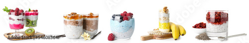 Fotografi Collage of healthy chia pudding with fruits and nuts in glasses on white backgro