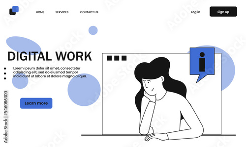 Digital work and business internet communication vector illustration concept. Online marketing and social network management. Seo connection and process analysis. Virtual strategy brainstorming
