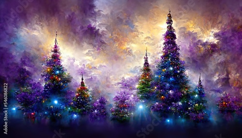 Christmas themed landscape, brilliant colors violets and purples, beautiful lights, illustrative, greeting card design 