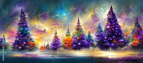 Christmas themed landscape, brilliant colors, beautiful lights, illustrative, greeting card design  © FantasyEmporium