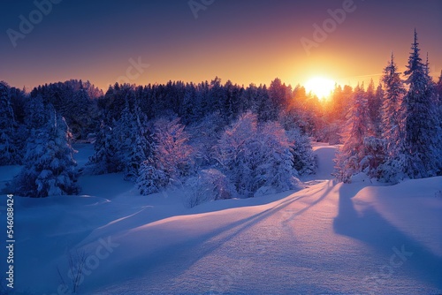 winter sunset in a winter wonderland landscape with fresh snow on the ground and snow covered trees, generative ai