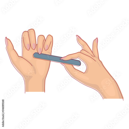 Women's hands process nails with a nail file. Design for a beauty salon. Vector illustration