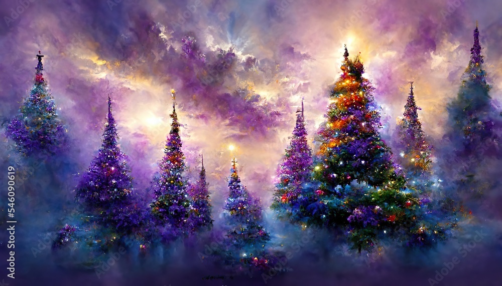 Christmas themed landscape, brilliant colors, beautiful lights, illustrative, greeting card design 