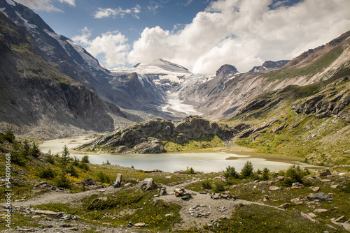 Beautiful view of Sandersee lake, High Tauern National Park, Carinthia, Austria. Pasterze Glacier lake with Johannisberg summit in the background. Close by Grossglockner and Kaiser Franz Josefs Hohe