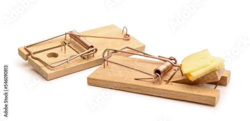 Photos Wooden mousetraps with cheese on white background
