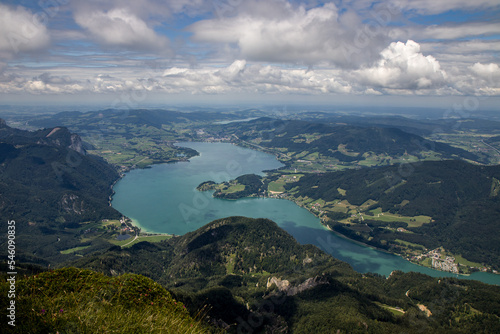 The beautiful view of Mondsee taken from Schafberg, 1783 m, mountain in the Austrian state of Salzburg