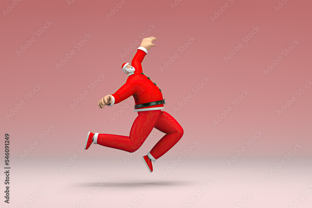 A man wearing Santa Claus costume is jumping. 3d rendering of cartoon character in acting.