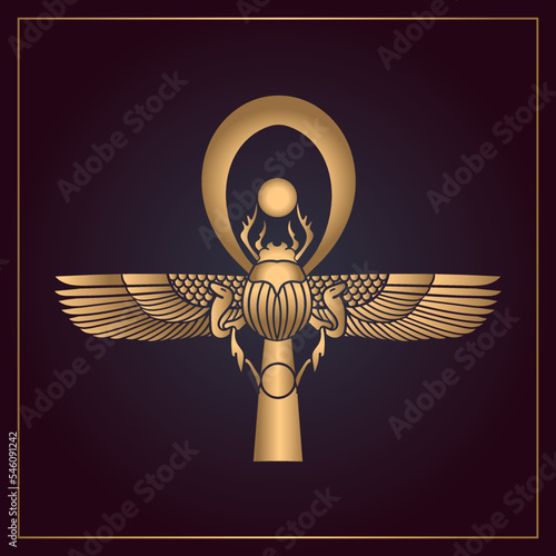 Gold Egyptian Scarab bug with wings And ankh ,RA GOD symbol.eps
