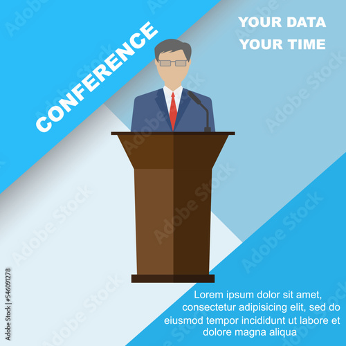 Conference template, vector illustration with space for your texts. Public speaker business conference. Flat style, modern design.