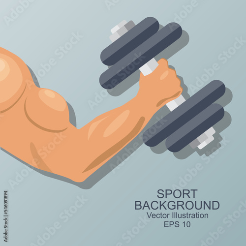 Hand of bodybuilder. Brawny arm with dumbbell isolated. Flat style. Logo. Sports emblem, icon. Vector illustration.