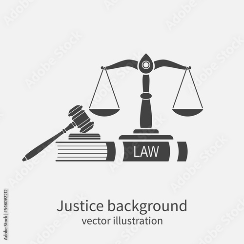 Symbol of law and justice. Concept law and justice. Scales of justice, gavel and book. Vector illustration. Can be used as logo legality.